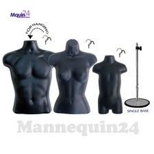 3 BLACK MANNEQUIN TORSOS - MALE FEMALE TODDLER FORM SET  3 HANGERS  1 STAND