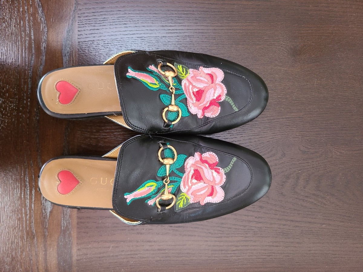 Gucci Princetown Mules Floral Rose Embroidered Black Leather Size