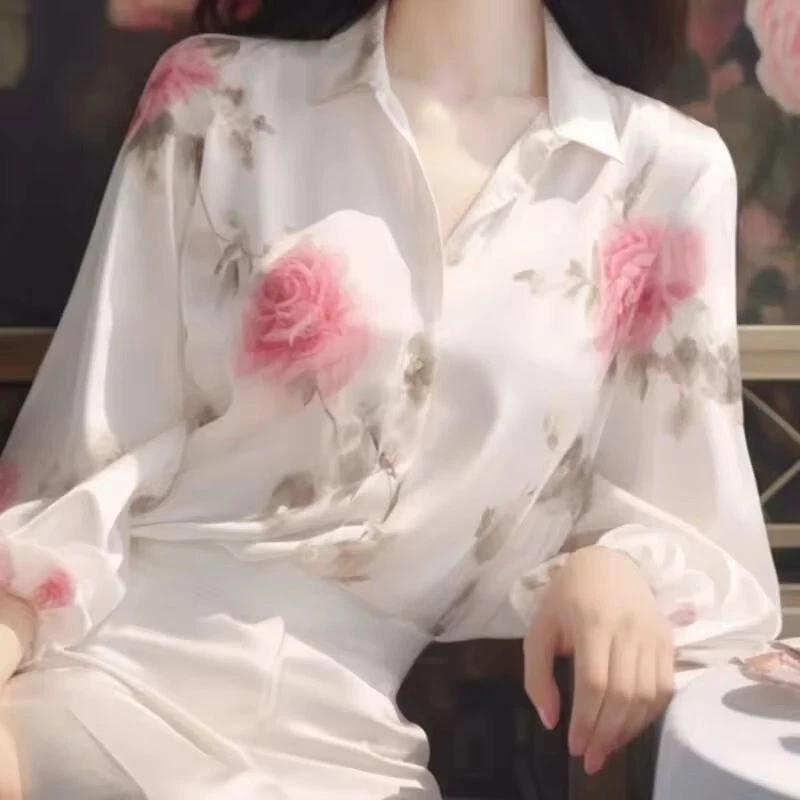 Floral Chiffon Shirt Top Neck Long Sleeve Print Blouse Spring New Fashion Women - 第 1 张/共 5 张