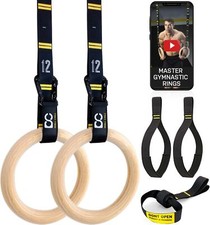 Wood Gymnastics Ring with Quick Adjust Numbered Straps and Exercise Videos Guide