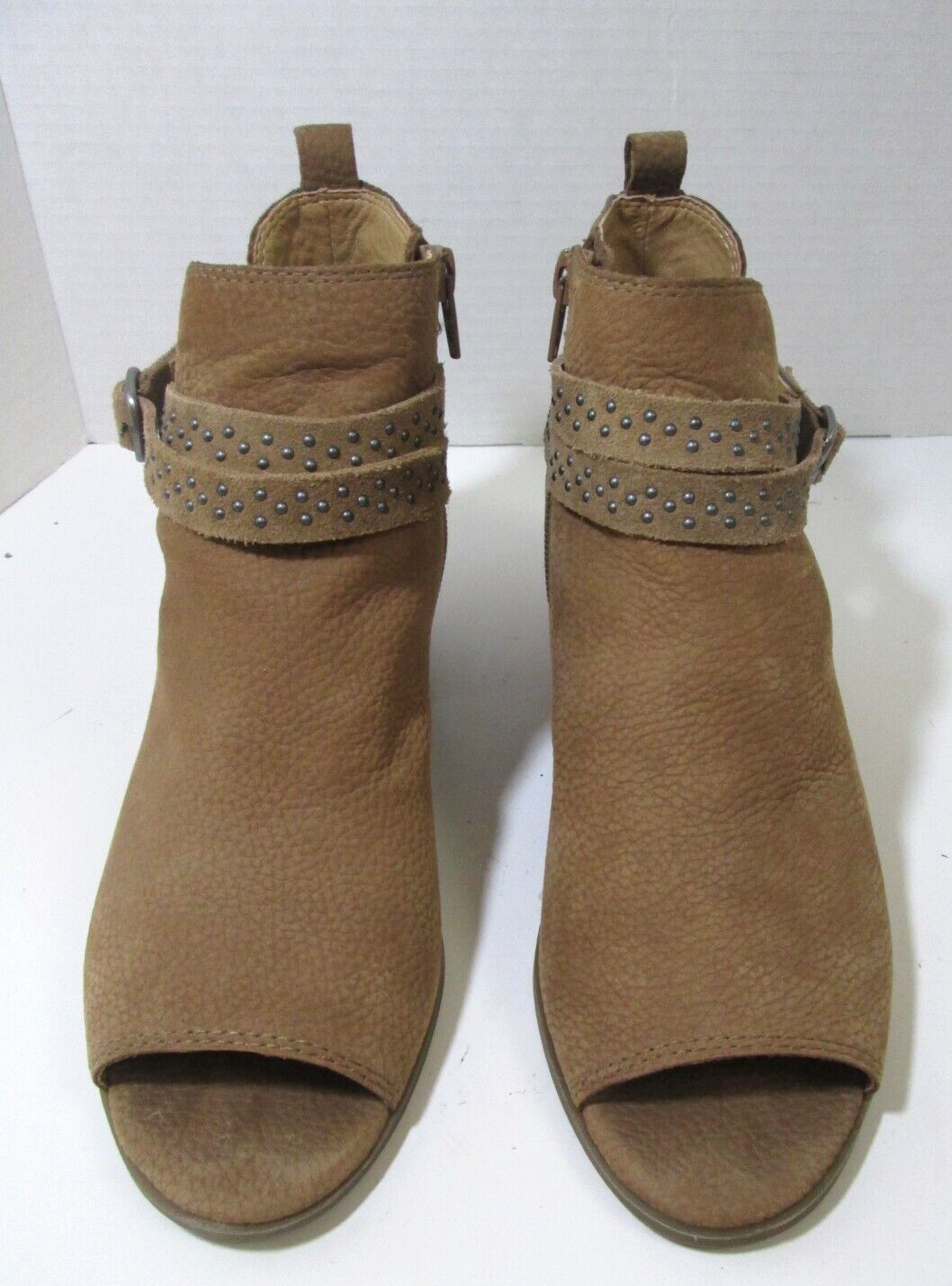 Lucky Brand Tan Leather Studded Straps Open Toe Bootie with Stacked Heel Size 7.5M B10