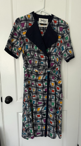Vintage Mid Century Modern Jonneru blue multi short sleeve button front dress