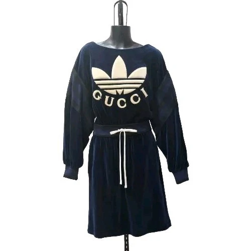 Abito Gucci x Adidas blu navy bianco taglia XXS adatto piccolo cotone ciniglia 2 6K nuovo con etichette