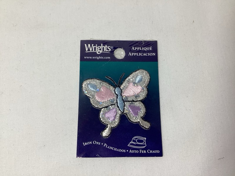 Vtg NIP Wrights Iron On Sew On Embroidered Applique Butterfly Pink Blue Purple