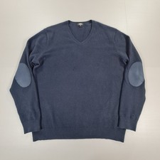 Uniqlo Mens Jumper Navy Blue Large 100% Cashmere Pullover V Neck Elbow Patches