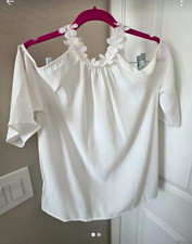Women  s White Scoop Neck Lace Accent Pullover Blouse 3/4 Sleeve Size L