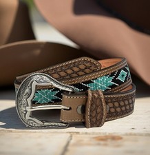 Beaded Western Belt Cowboy Rodeo Full Grain Leather Hand Tooled Removable Buckle