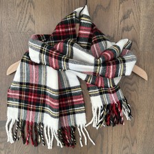 Vintage Classic Tartan Plaid 100 Lambswool Scarf in White, Red, Black 62" long