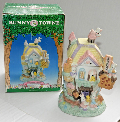 Easter Bunny Towne Village Egg Bakery House Rabbit Hand Painted Porcelain 7''