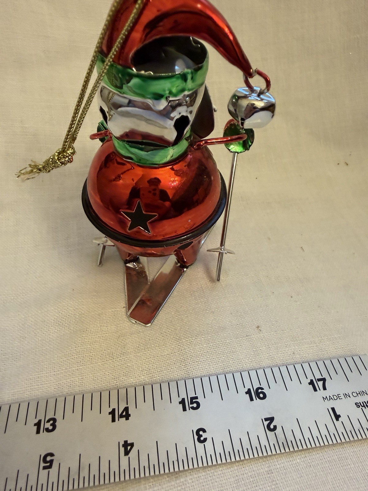 Metal 15 Inch Ruler Metal Santa Skier Hanging Christmas Ornament w/ Bell Red Green Silver 6 ...