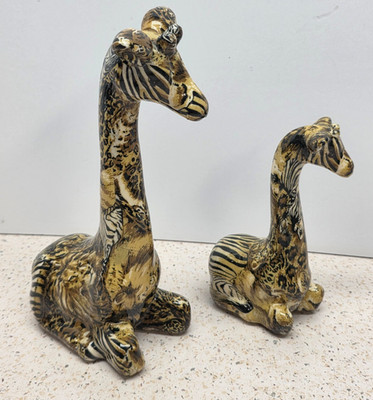 La Vie Collage 1980's Ceramic Giraffe Mother & Baby Safari Patchwork Art