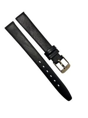 12mm Genuine Leather Black Watch Band   Slim Flat Grain Strap Gold/Silver Buckle