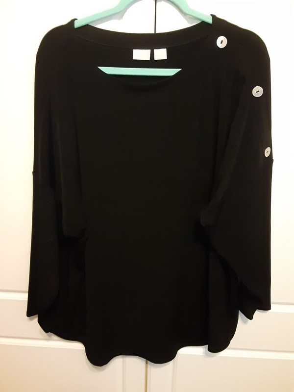 Chicos Travelers Black Boat-Neck 3/4 Sleeve Top Sz 4 XXL Gold Buttons EXCELLENT