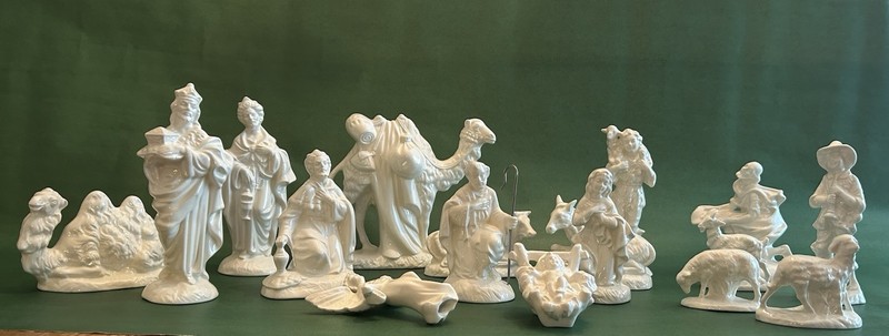 Vintage Glazed Ceramic Nativity Set 17 Pcs 8" Creamy White Figurines Handmade