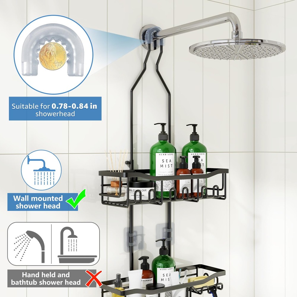 Shower Caddy, Upgraded Extended Length Shower Caddy Over Showerhead No Blocki...
