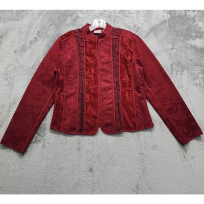 Chico's Jacket Womens 1 M/8-10 Deep Red Velvet Brocade Heritage Delora Hook Eye