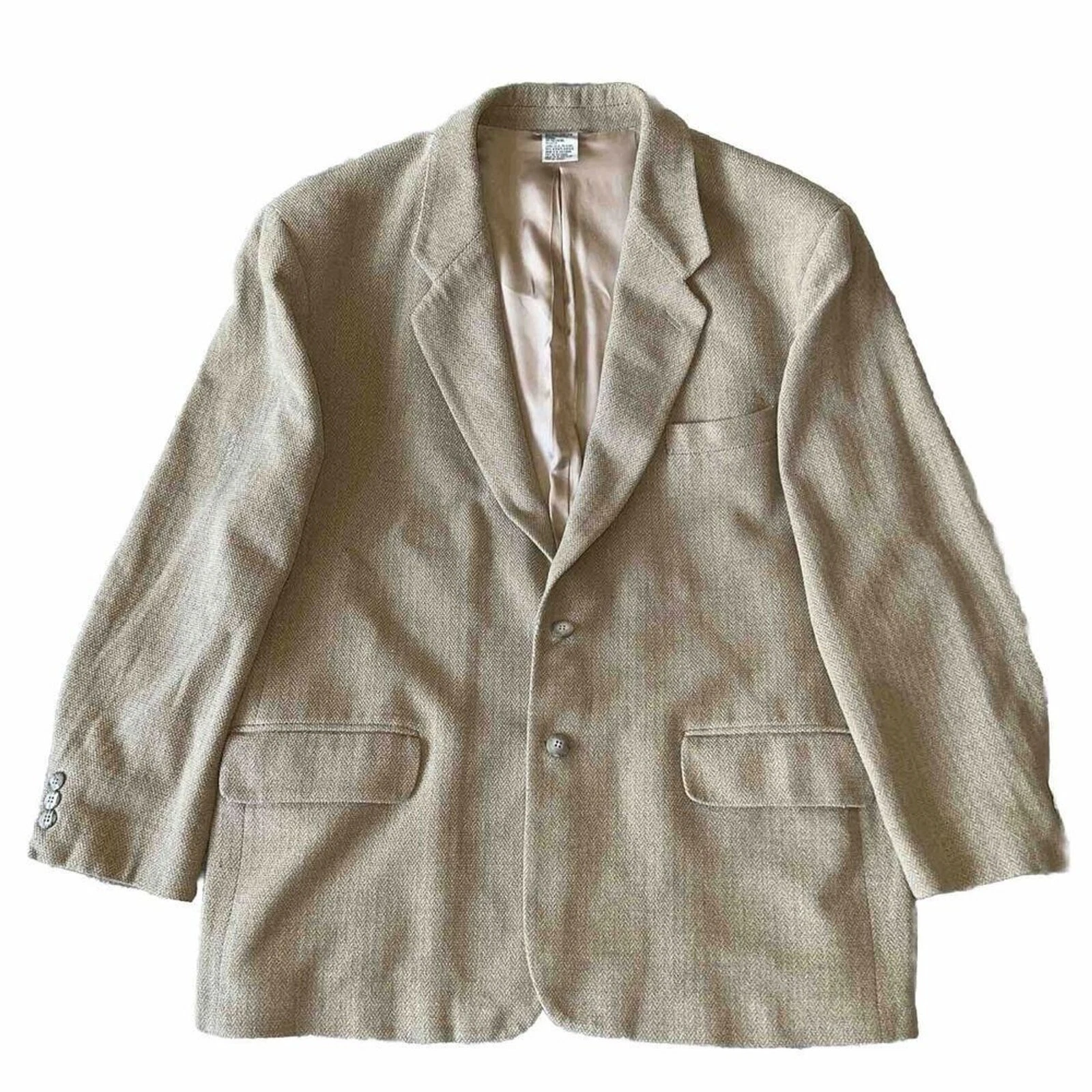 Vintage 90s Claiborne Men 44R Blazer Sport Coat Wool Blend Herringbone Tan Tweed