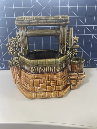 McCoy USA Wishing Well Grant A Wish Pottery Planter, with original chain