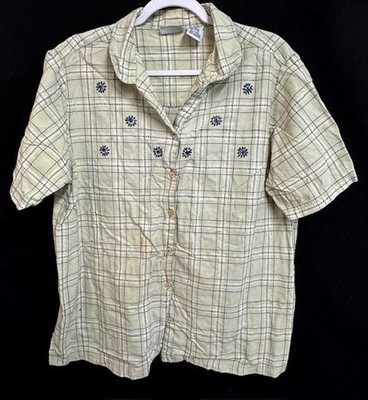 Bobbie brooks  18W/20W beige plaid button down embroidered short sleeve top
