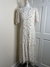 Abito midi nuovo con etichette M&S panna broaderie anglaise floreale taglia 14 bottoni davanti estivo