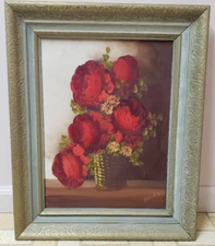 Striking Signed Oil Painting Red Flower Basket Still Life Canvas Framed Wall Art