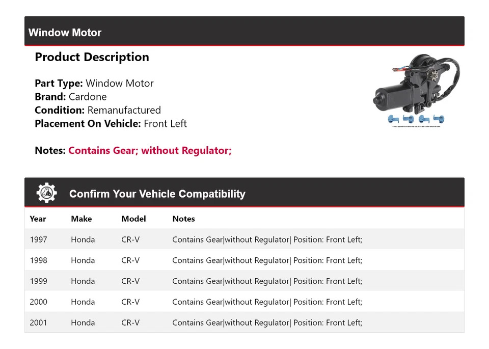 Motor ventana delantero izquierdo cardone 1998 1999 2000 Honda CR-V 1997-2001 Foto 2 de 4