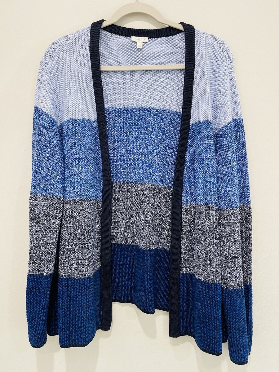 Talbots Womens Blue Striped Cardigan Cable Knit Sweater Open Front Size XL