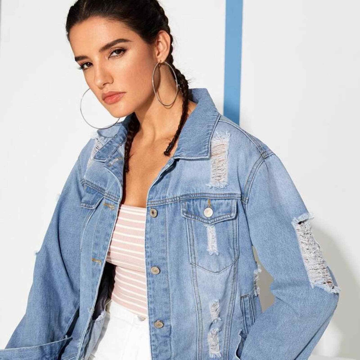 ★toi★belper tucked denim jacket Ottolinger Cropped Belt Denim Jacket - Sand / Blue Paint