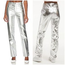 New Good American Faux Leather Good Icon Straight Pants Silver Metallic 8 29