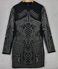 Windsor Dress Sz L Black Sliver Stud Knit Mini Long Sleeve Party Evening Wear 