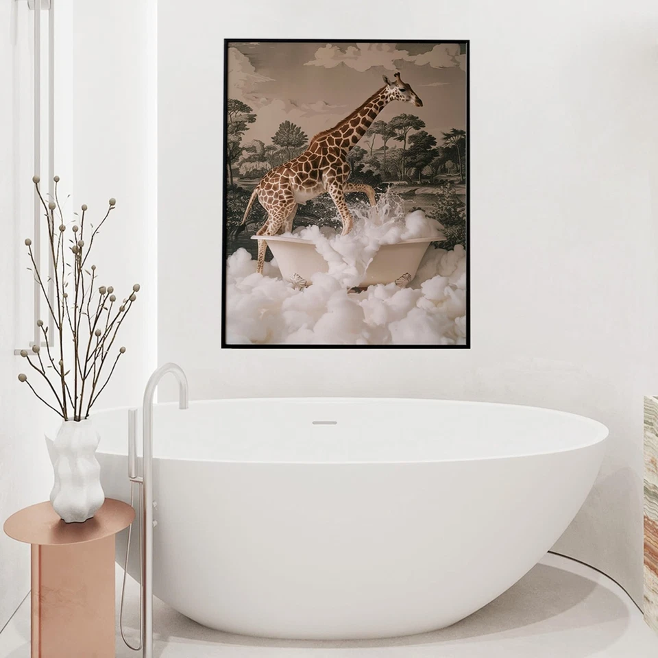 Jirafa en bañera, decoración de arte de pared de baño, póster imprimible de animales sin marco Foto 2 de 4