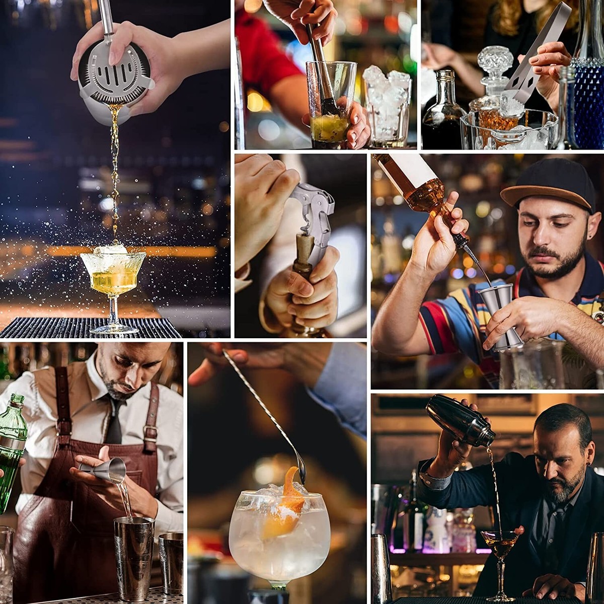 Set Shaker Cocktail 12 Pezzi In Acciaio Inox - Kit Bar Professionale Con Portabamb&ugrave;, Per Casa O Locali