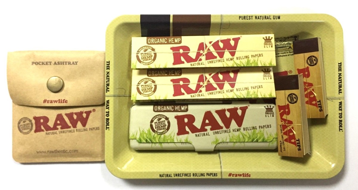 RAW Small Mini Rolling Tray Gift Set - Includes Classic Rolling Tray, Organic Hemp Tips & Grinder | Rolling Kit
