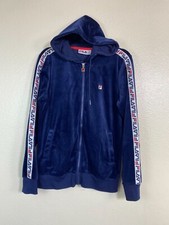 Fila Blue Velour Y2K Full Zip Hoodie Women sz Medium Logo On Sleeves Streetwear