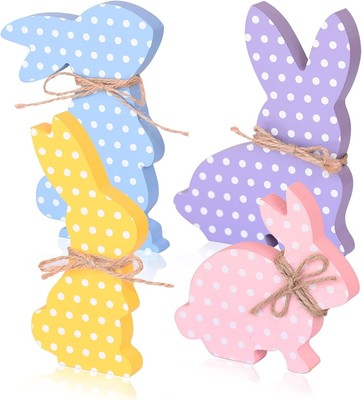 4Pcs Easter Bunny Decorations, Wooden Rabbit Shaped Tabletop Centerpieces Table 