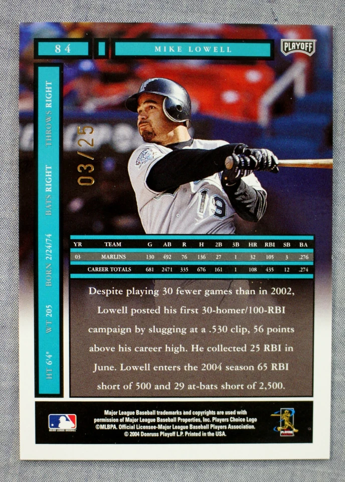 Mike Lowell Marlins Red Sox 2004 Playoff Honors #84 Credits Gold Card #'d 3/25 - Image 2 of 3