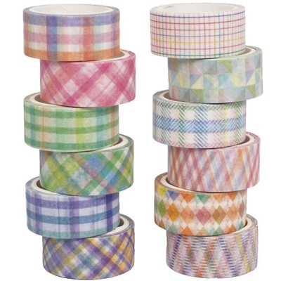 YUBX Basic Grid Washi Tape Set 12 Rolls Plaid Decorative 9/16'', Colored 