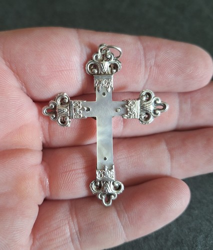 pendentif en argent massif, nacre, religieux, croix, Jésus Christ - Picture 2 of 4
