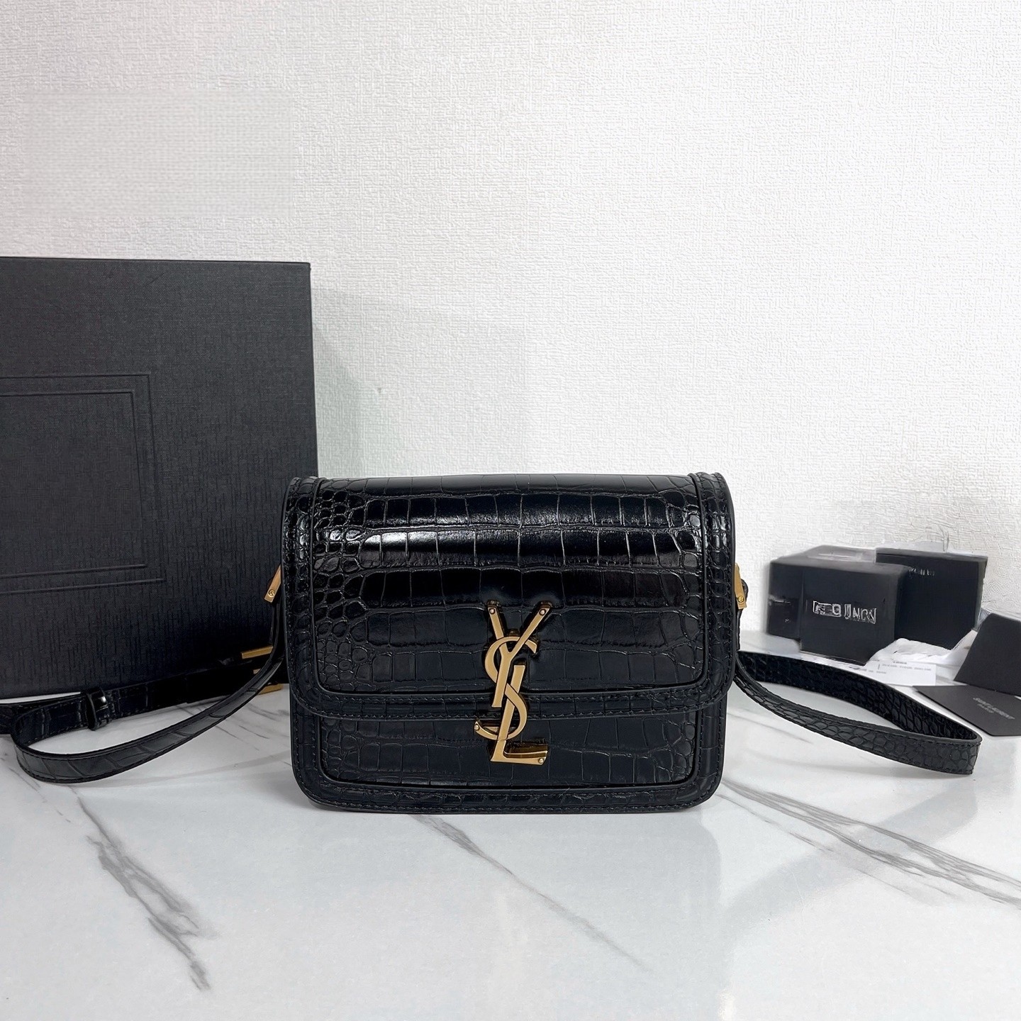Women's Black Croc-Embossed Crossbody Bag, Gold Logo Flap Shoulder Purse