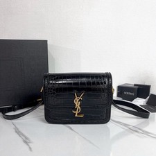 Women's Black Croc-Embossed Crossbody Bag, Gold Logo Flap Shoulder Purse