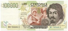 100000 LIRE BANK OF ITALY CARAVAGGIO II TYPE LETTER C 18/12/1995 SPL+