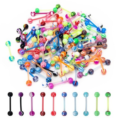 CrazyPiercing 100Pcs 14G Acrylic Tongue Rings, Multi 14G, Assorted Color