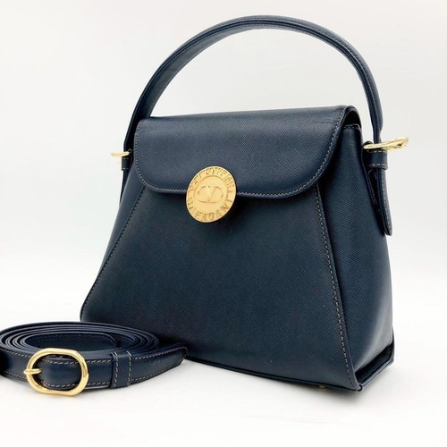 Valentino Garavani Hand Shoulder Bag Tote Purse 2way Logo Leather Navy Authentic