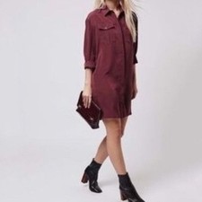 Topshop Long Sleeve Button Up Burgundy Shirt Dress Women's 6 Dark Academia Moody