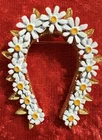 Vintage Horseshoe White Enamel Daisy Floral Gold Tone Pin Brooch Costume Jewelry