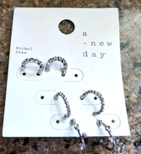 A New Day Hoop Huggies Earring Set Nickel Free 3 Pairs CZ Women's NWT