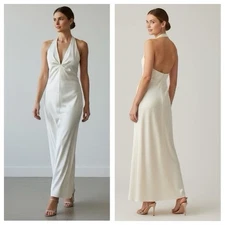 Laundry by Shelli Segal Women’s Ivory Satin Halter Neckline Maxi Dress Size 4