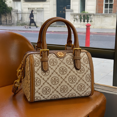 NEW Tory Burch T Monogram Hazelnut Tan Logo Jacquard MINI Satchel