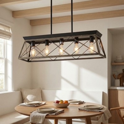 32'' Pendant 5 Light Farmhouse Rustic Chandelier Living Room Fixture Gold Black