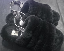 UGG Fluff Yeah Slide Faux Fur Black Women's Slippers Logo Strap Open Toe Size 10